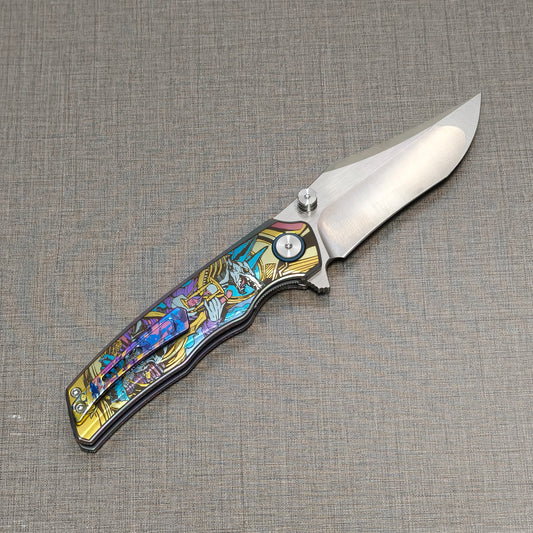 VORIXN Timeless folding knife open, clip side view with blade angled upward