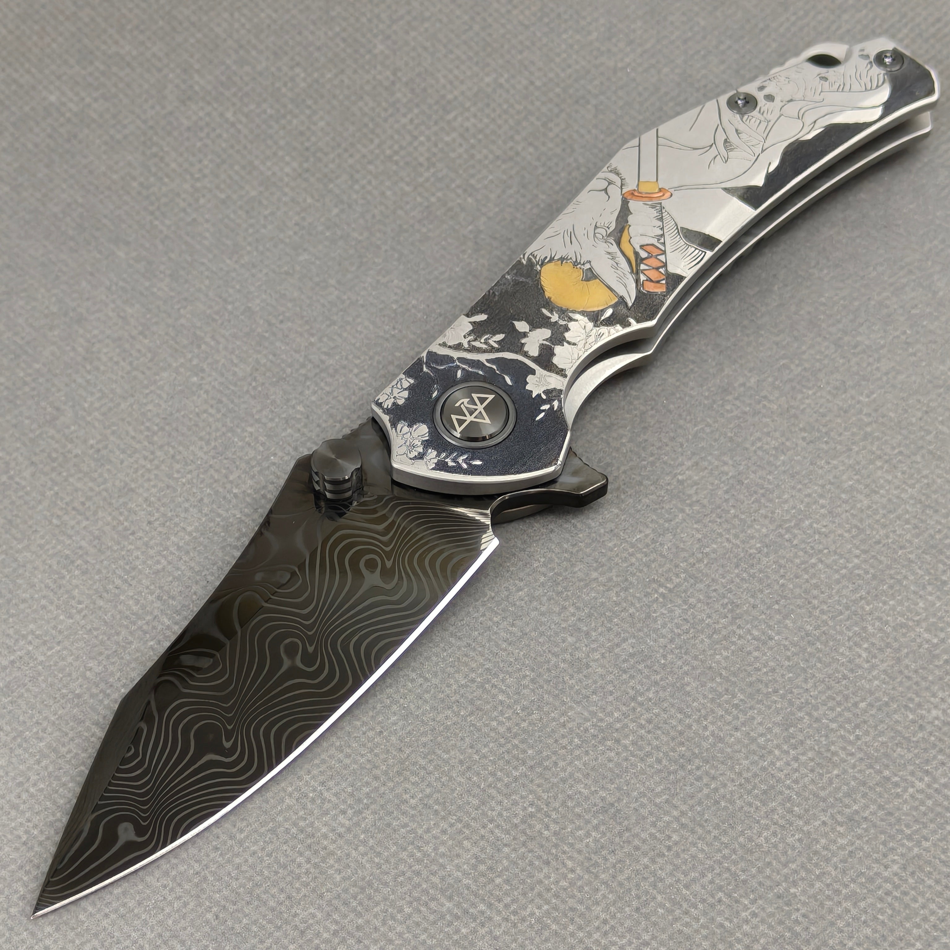 Damascus Folding Knife | Titanium Handle, Copper Inlay | Vorixn