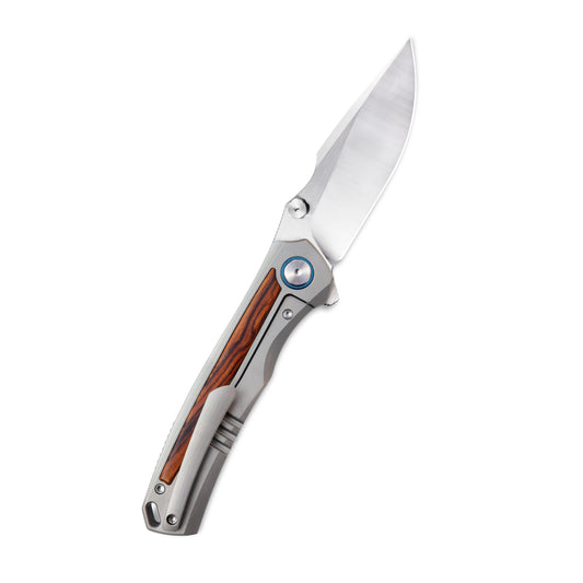 VORIXN Ironwood Crest folding knife open with pocket clip side visible, VG10 blade angled upward at 45 degrees