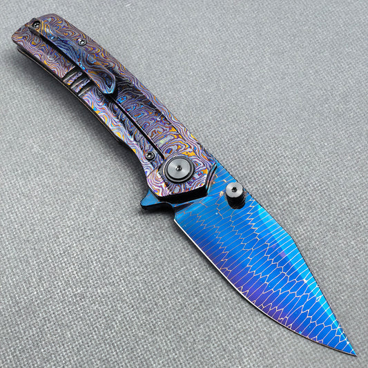 Vorixn "Celestial Vein" Flipper & Thumb Stud Knife Hand-Flamed Zirconium Handle (3.8" Damascus Blade) KB091