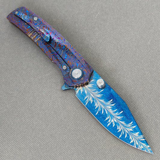 Vorixn "Aurora Bright" Flipper & Thumb Stud Knife Hand-Flamed Zirconium Handle (3.8" Feather Damascus Blade) KB081