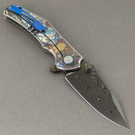 VORIXN "Reverie" (3.5" Damascus DLC-Coated Blade) Engraved Titanium Handle Flipper & Thumb Stud Folding Knife - KB116
