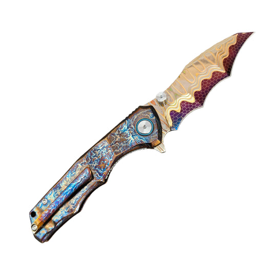 VORIXN "Drakescale" Flipper & Thumb Stud Knife Titanium Hand-Flamed Handle (3.6" Copper San Mai Dragon ScaleDamascus Blade) KB057