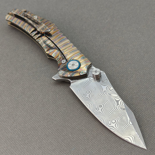 Vorixn "TitanFlame" Flipper & Thumb Stud Knife Hand Flame Titanium Handle (3.6" Damascus steel Blade) KB029