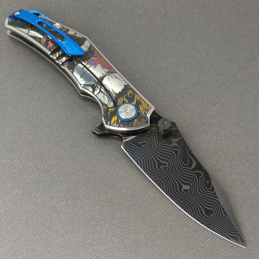 VORIXN "Valor" (3.5" Damascus DLC-Coated Blade) Engraved Titanium Handle Flipper & Thumb Stud Folding Knife - KB117