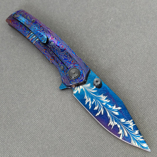 Vorixn "Aurora Black" Flipper & Thumb Stud Knife Hand-Flamed Zirconium Handle (3.8" Feather Damascus Blade) KB082