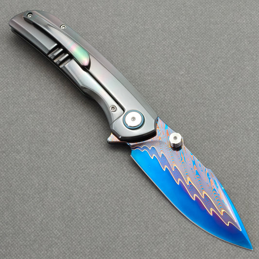 VORIXN "Temperwave" (3.7" Damascus Blade) Zirconium Handle Flipper & Thumb Stud Folding Knife - KB126