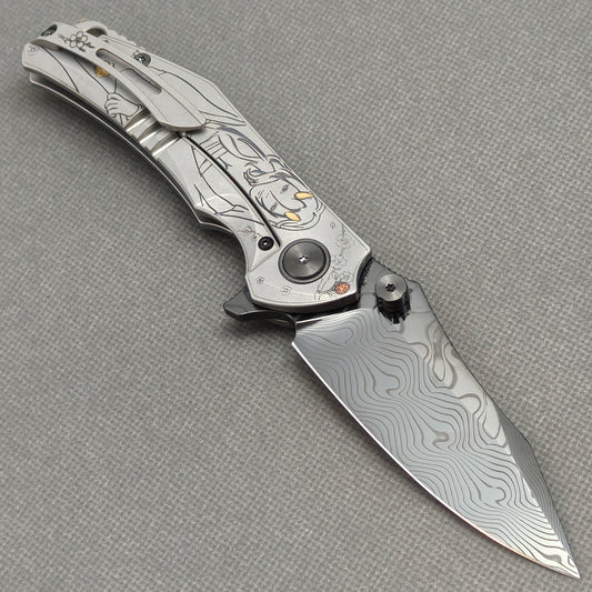 Vorixn "Yokai" Flipper & Thumb Stud Knife Laser-Engraved & Hand-Inlaid Copper Accents Titanium Handle (3.4" Damascus Blade) KB106