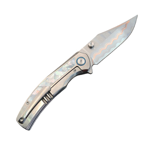 VORIXN "Ocean Mirage" Flipper & Thumb Stud Knife White Mother-of-pearl Inlaid Titanium Handle (3.9" Cu-Mai Blade) KB068