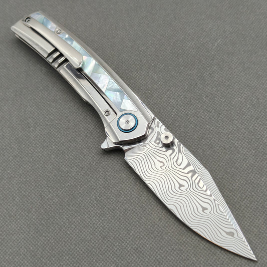 VORIXN "Ocean Mirage" Flipper & Thumb Stud Knife White Mother-of-pearl Inlaid Titanium Handle (3.8" Damascus Blade) KB084