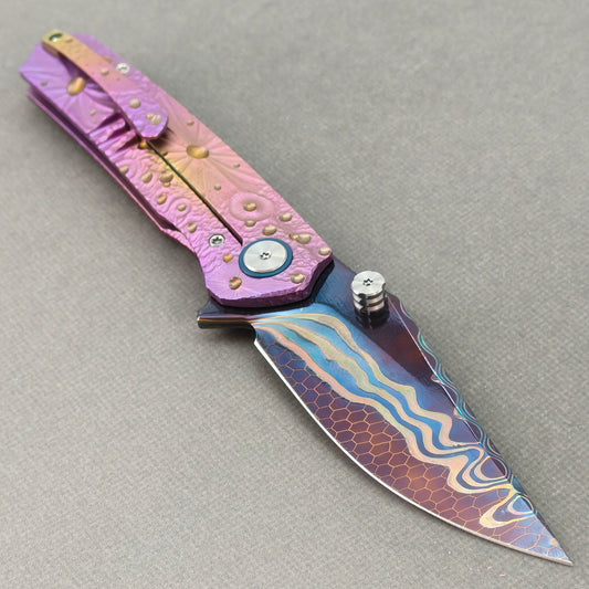 Vorixn “Impact Origin” Flipper & Thumb Stud Knife Titanium-Engraved Anodized Handle (3.6" Damascus steel Blade) KB079
