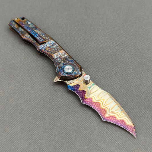 VORIXN "Drakescale" Flipper & Thumb Stud Knife Titanium Hand-Flamed Handle (3.6" Copper San Mai Dragon ScaleDamascus Blade) KB057