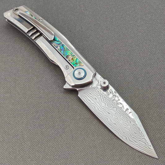 VORIXN "Ocean Mirage" Flipper & Thumb Stud Knife Deep-sea Abalone Shell Inlay Titanium Handle (3.7" Damascus Blade) KB108