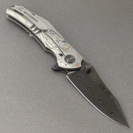 Vorixn "Yokai" Flipper & Thumb Stud Knife Laser-Engraved & Hand-Inlaid Copper Accents Titanium Handle (3.4" Damascus Blade) KB106