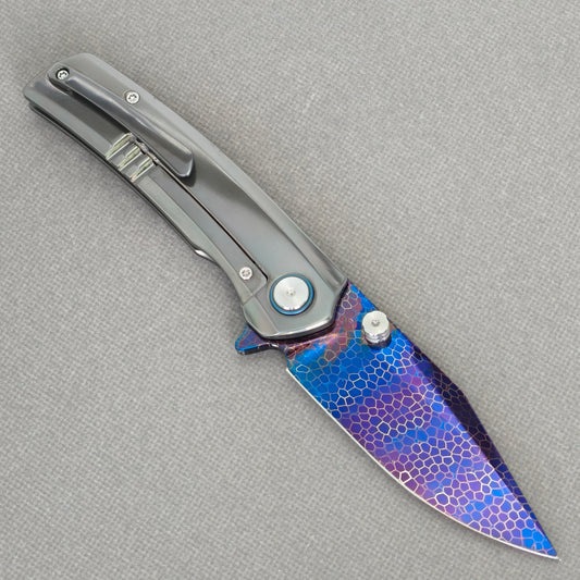 Vorixn "Dragonflare" Flipper & Thumb Stud Knife Hand-Flamed Zirconium Handle (3.8" Damascus Blade) KB083