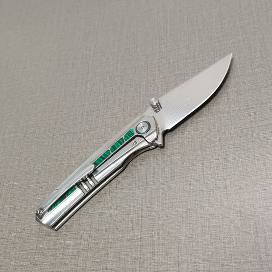 VORIXN "Forest Mirage" Flipper & Thumb Stud Knife Malachite Inlaid Titanium Handle (3.6" Damascus Blade) KB056