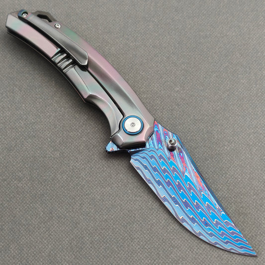 VORIXN "Spectraveil" (3.7" Damascus Blade) Zirconium Handle Flipper & Thumb Stud Folding Knife - KB133