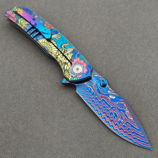 VORIXN "Tideprowler" (3.8" Damascus Blade) Titanium Handle Flipper & Thumb Stud Folding Knife - KB155