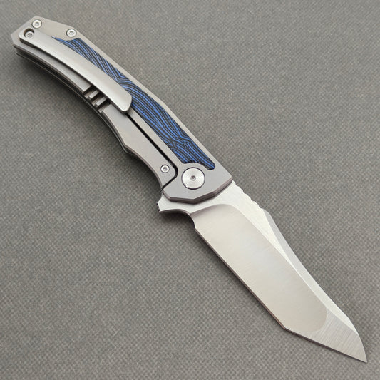 VORIXN Carbon Crest KB003 Folding Knife – open clip side view showing pocket clip and Titanium & G10 handle