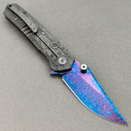 Vorixn "Impact Origin" Flipper & Thumb Stud Knife DLC-Coated Titanium-Engraved Anodized Handle (3.6" Damascus steel Blade) KB095