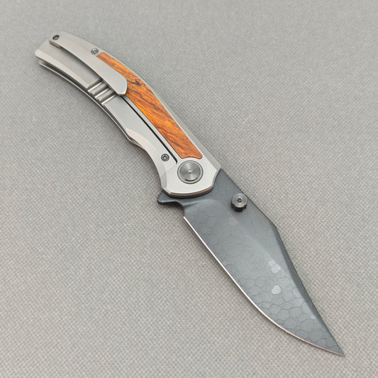 Vorixn "Ironwood Crest" Flipper & Thumb Stud Knife Titanium & Ironwood Handle (3.9" Damascus Blade) KB075