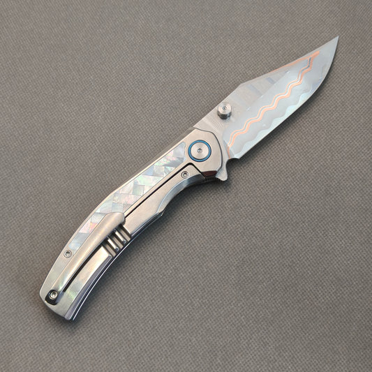 VORIXN "Ocean Mirage" Flipper & Thumb Stud Knife White Mother-of-pearl Inlaid Titanium Handle (3.9" Cu-Mai Blade) KB068