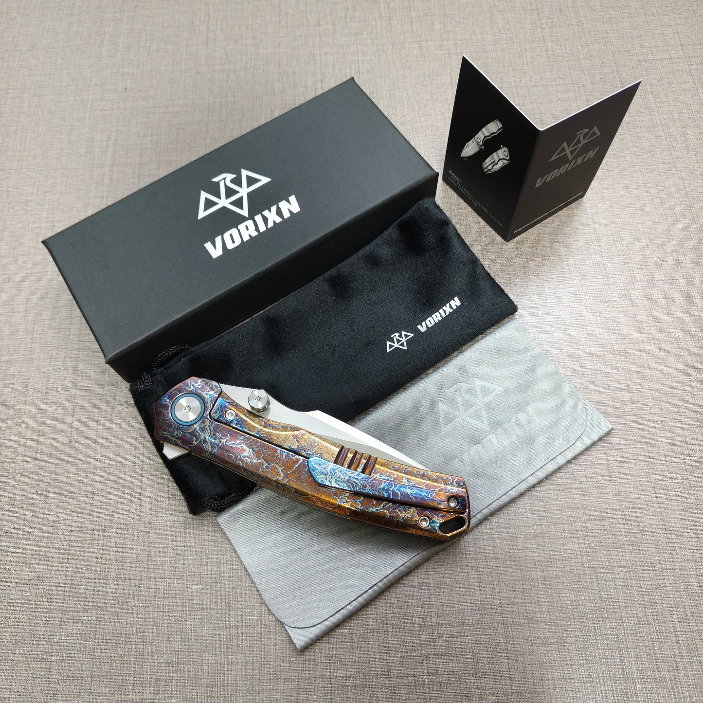 VORIXN "Aetherflame" Flipper & Thumb Stud Knife Titanium Hand-Flamed Handle (3.6" VG10 Blade) KB051