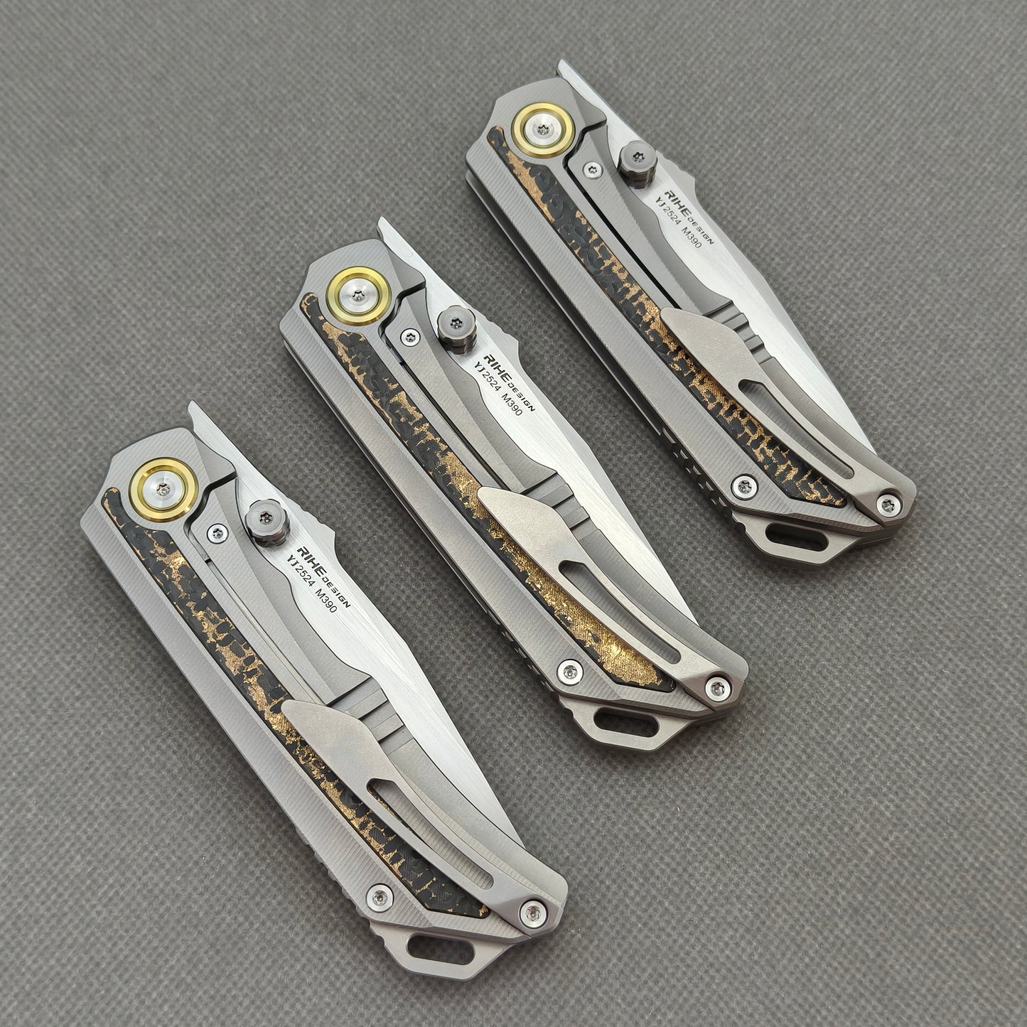RIHE Design Folding Knife Titanium+Gold Flake Carbon Fiber Inlay Handle (3.6" M390 Blade) KB107