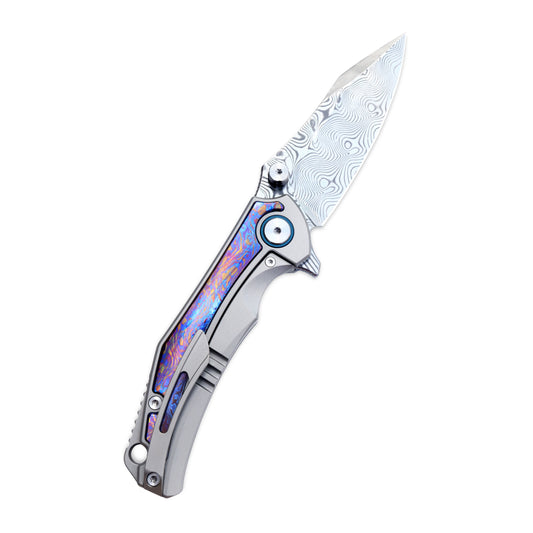 VORIXN KB031 ZircFlame folding knife open, clip side, blade angled 45 degrees