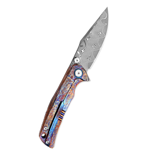 VORIXN ZircFlame KB028 knife open, pocket clip side displayed with Damascus blade angled 45 degrees upward.