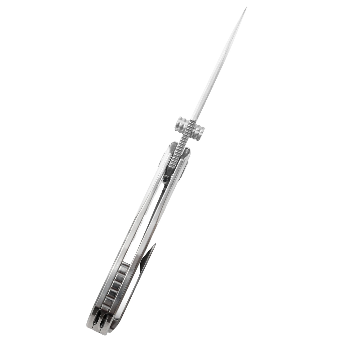 Top spine view of VORIXN Ocean Mirage Damascus folding knife showing blade alignment and titanium frame structure