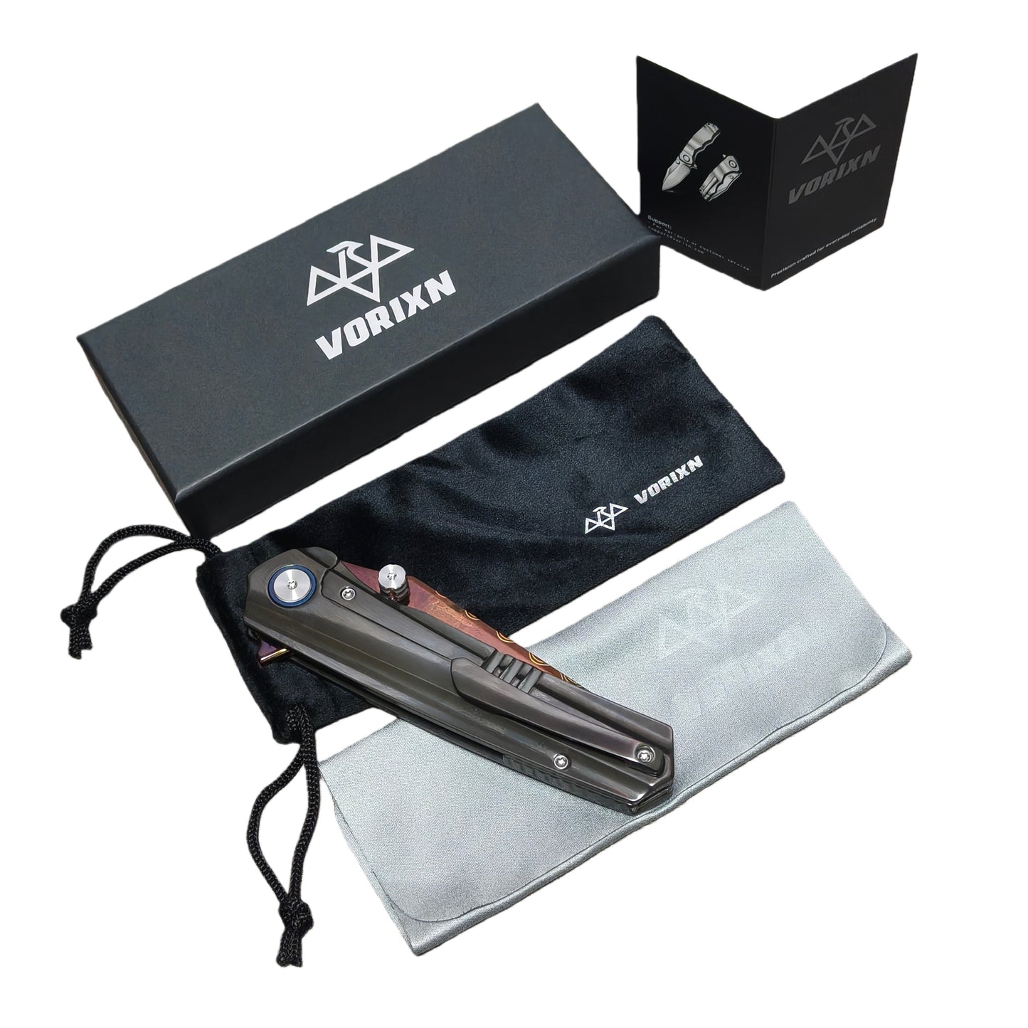 Vorixn folding knife packaging including velvet drawstring pouch, care instruction card and microfiber clot