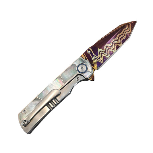 VORIXN "Forest Mirage" Flipper & Thumb Stud Knife Black Mother-of-pearl Inlaid Titanium Handle (3.4" Damascus Blade) KB060