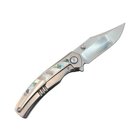 VORIXN "Ocean Mirage" Flipper & Thumb Stud Knife Mother-of-pearl Inlaid Titanium Handle (3.9" M390 Blade) KB066
