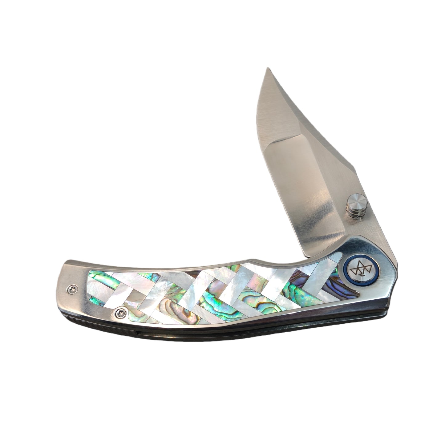VORIXN "Ocean Mirage" Flipper & Thumb Stud Knife Mother-of-pearl Inlaid Titanium Handle (3.9" M390 Blade) KB066