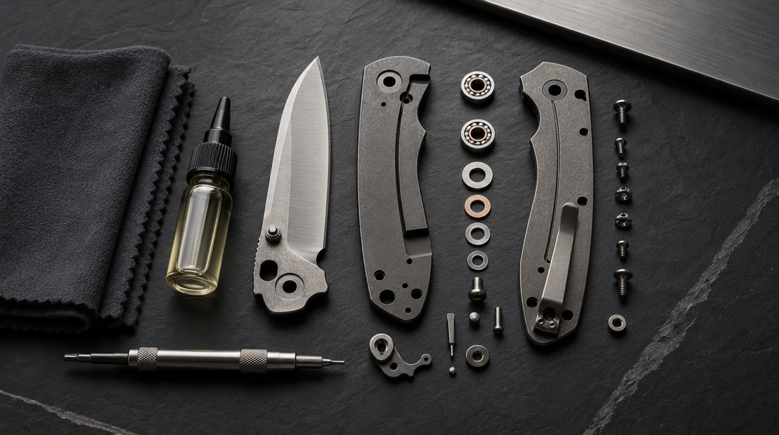 Disassembled folding knife maintenance layout with blade, handle scales, screws, bearings, microfiber cloth, precision screwdriver, and lubricant