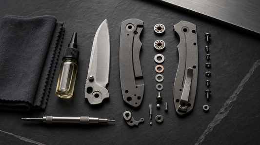 Disassembled folding knife maintenance layout with blade, handle scales, screws, bearings, microfiber cloth, precision screwdriver, and lubricant
