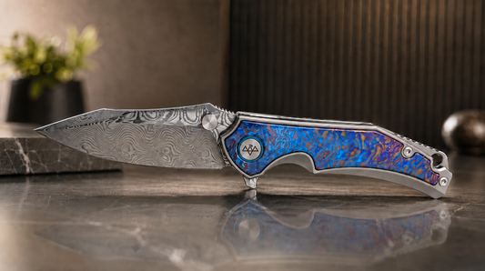 VORIXN premium folding knife with Damascus blade and colorful titanium handle inlay for titanium and zirconium handle materials guide