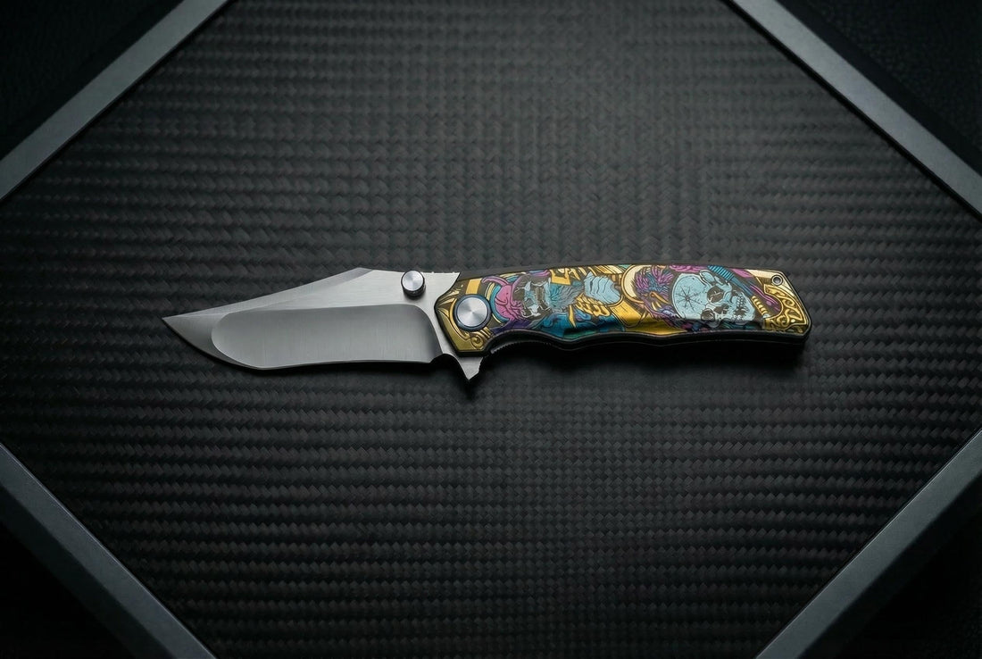 VORIXN premium folding knife with colorful engraved titanium handle and satin blade on carbon fiber background
