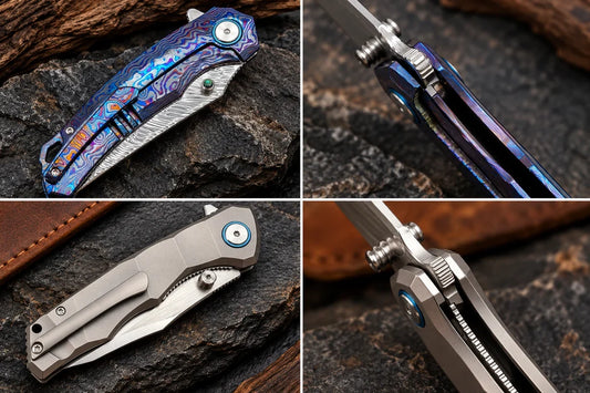 Frame Lock vs. Liner Lock comparison featuring VORIXN KB138 and KB014 folding knives, showing handle designs and close-up views of their locking mechanisms.