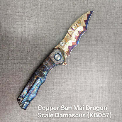 VORIXN "Drakescale" Flipper & Thumb Stud Knife Titanium Hand-Flamed Handle (3.6" Damascus Blade) KB057 / KB058