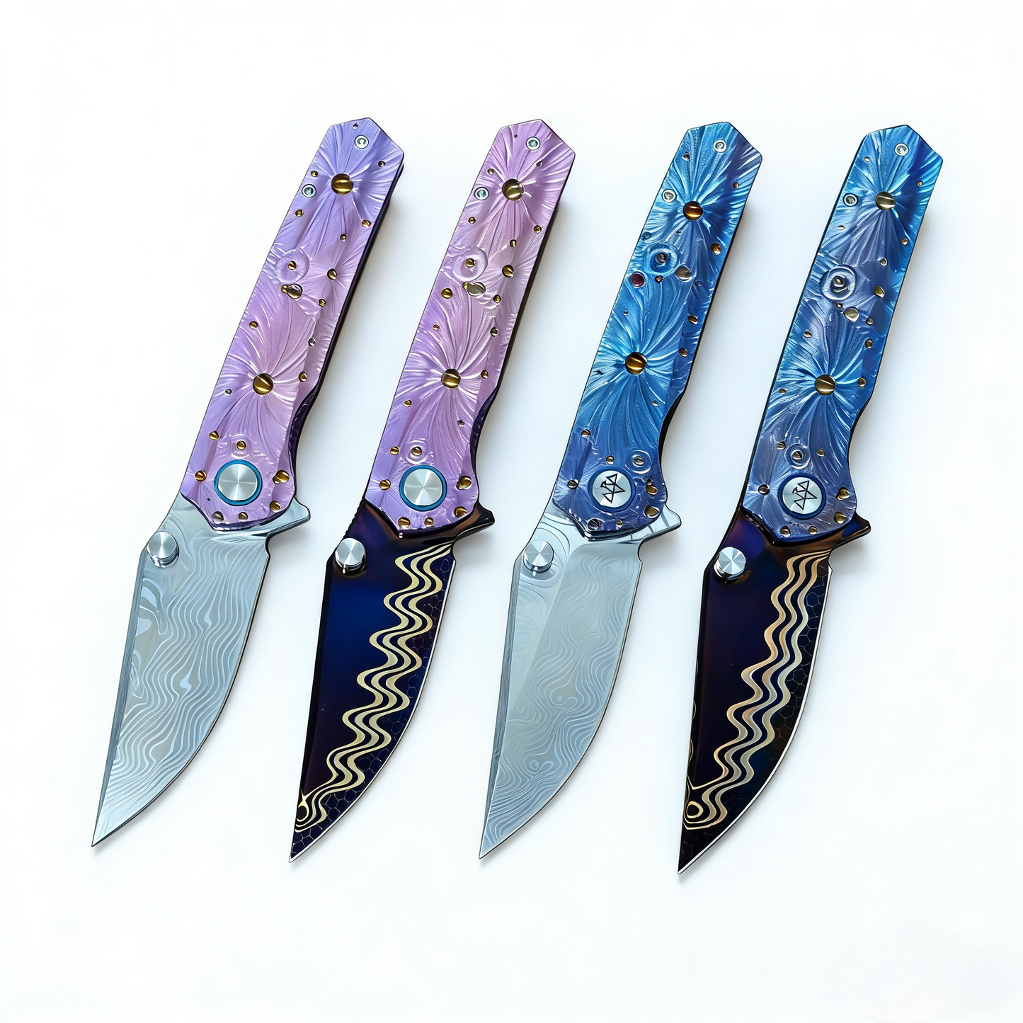 Vorixn “Impact Origin” Flipper & Thumb Stud Knife Titanium-Engraved Anodized Handle (3.6" Damascus steel Blade) KB048, KB049, KB053, KB054