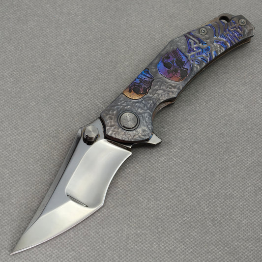 VORIXN “Skull Eclipse” Flipper & Thumb Stud Knife Titanium-Engraved Anodized Coloring Handle (4.0" 10Cr15CoMoV Blade) KB090
