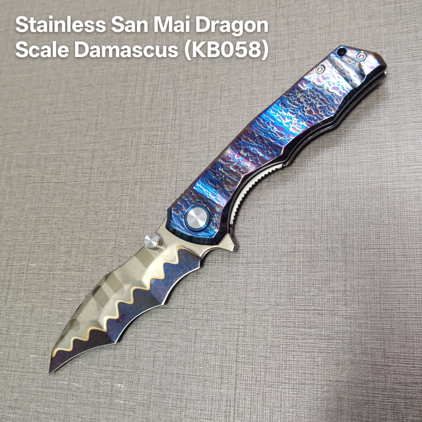 VORIXN "Drakescale" Flipper & Thumb Stud Knife Titanium Hand-Flamed Handle (3.6" Damascus Blade) KB057 / KB058