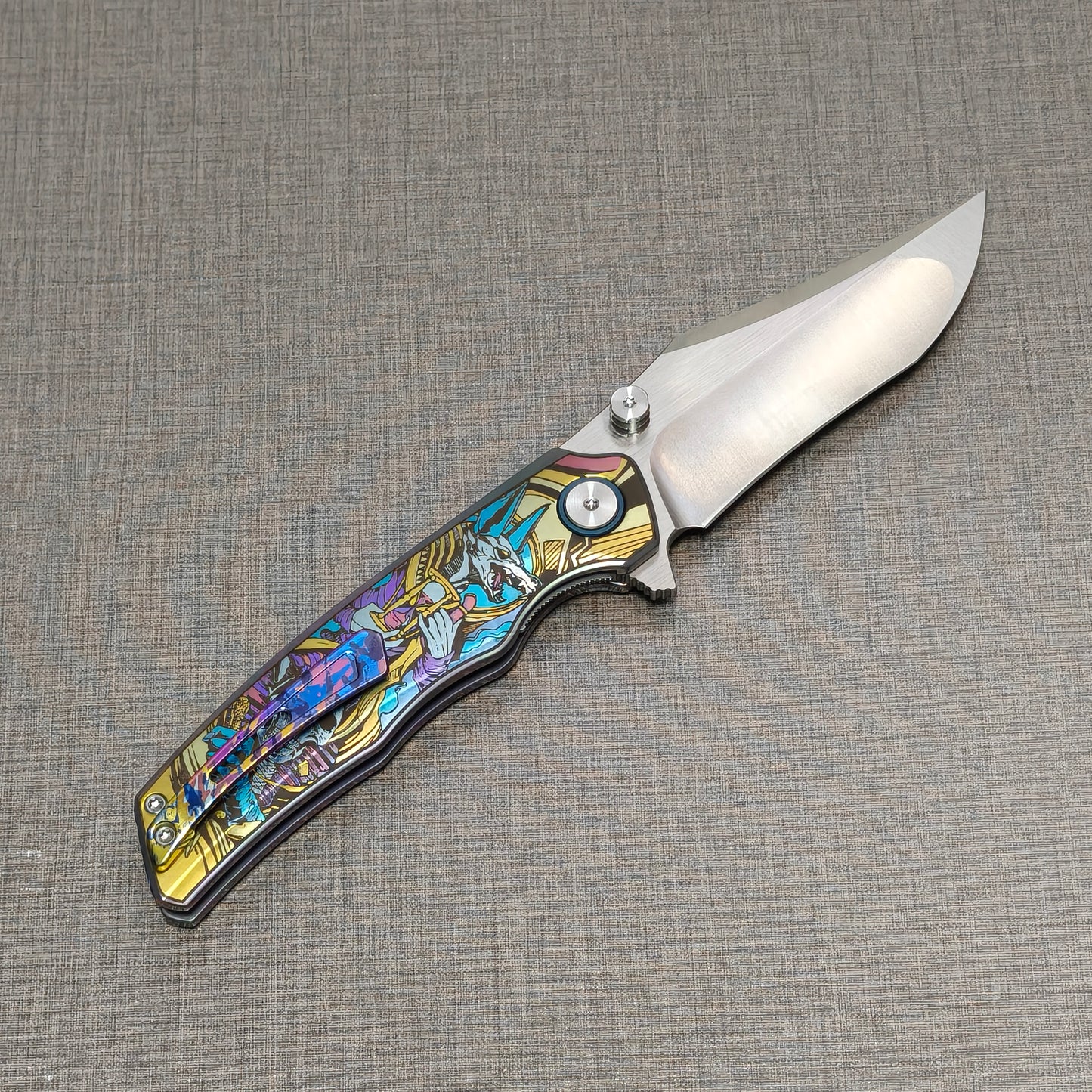VORIXN Timeless folding knife open, clip side view with blade angled upward