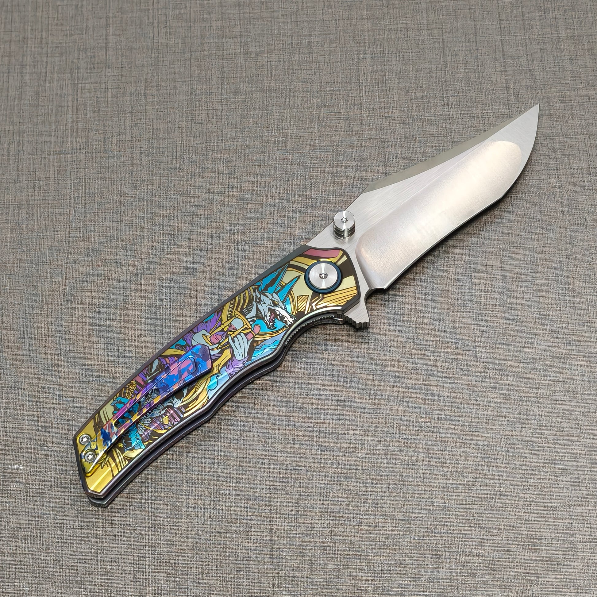 VORIXN Timeless folding knife open, clip side view with blade angled upward