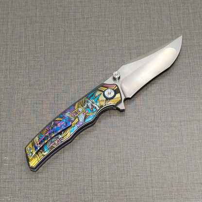 VORIXN Timeless folding knife open, clip side view with blade angled upward
