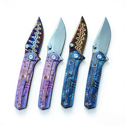Vorixn “Impact Origin” Flipper & Thumb Stud Knife Titanium-Engraved Anodized Handle (3.6" Damascus steel Blade) KB048, KB049, KB053, KB054
