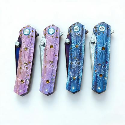 Vorixn “Impact Origin” Flipper & Thumb Stud Knife Titanium-Engraved Anodized Handle (3.6" Damascus steel Blade) KB048, KB049, KB053, KB054