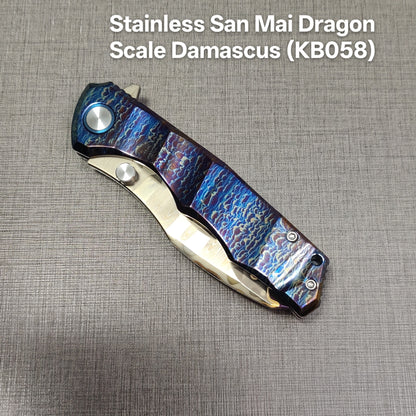 VORIXN "Drakescale" Flipper & Thumb Stud Knife Titanium Hand-Flamed Handle (3.6" Damascus Blade) KB057 / KB058